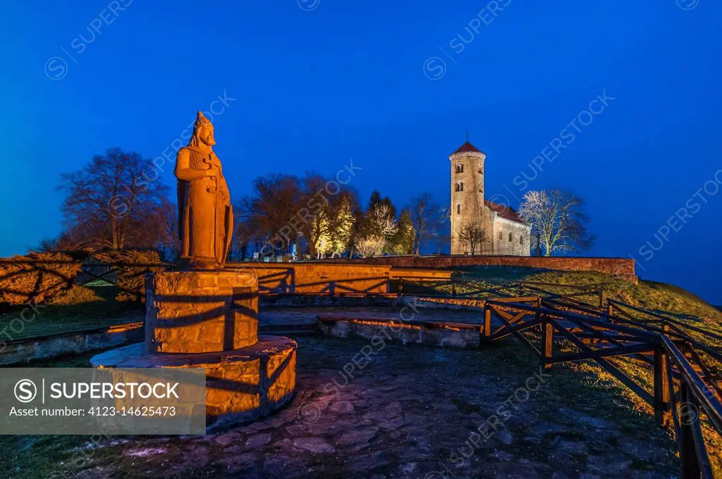 Sculpture of Wladyslaw Herman (Ladislas Herman) and Boleslaw Krzywousty (Boleslaus the Wry-mouthed). In the background Roman Church of Saint Gilles, I...