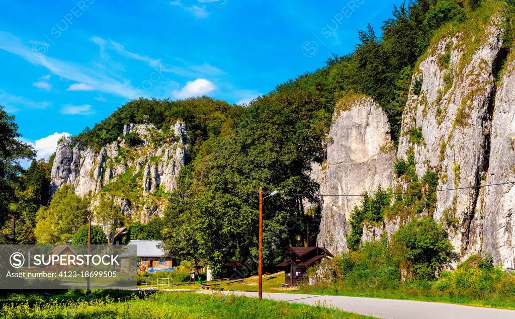 Ojcow, Poland - August 24, 2020: Panoramic view of Pradnik creek valley with traditional wooden households in limestone hills landscape of Cracow-Czes...