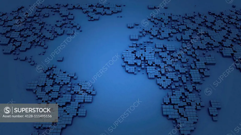 Blue cubes making world map, illustration.