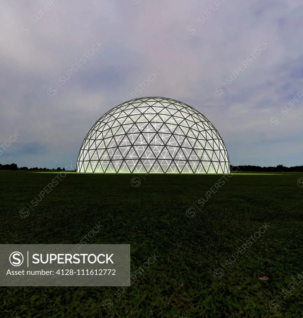 Geodesic dome, illustration. Geodesic dome illuminated from within in field at dusk. Computer generated image.
