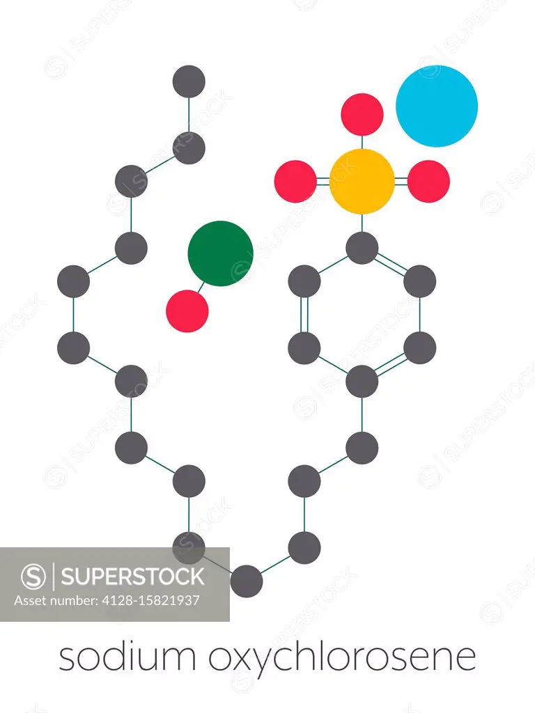 Sodium oxychlorosene antiseptic molecule. Stylized skeletal formula (chemical structure): Atoms are shown as color-coded circles connected by thin bon...