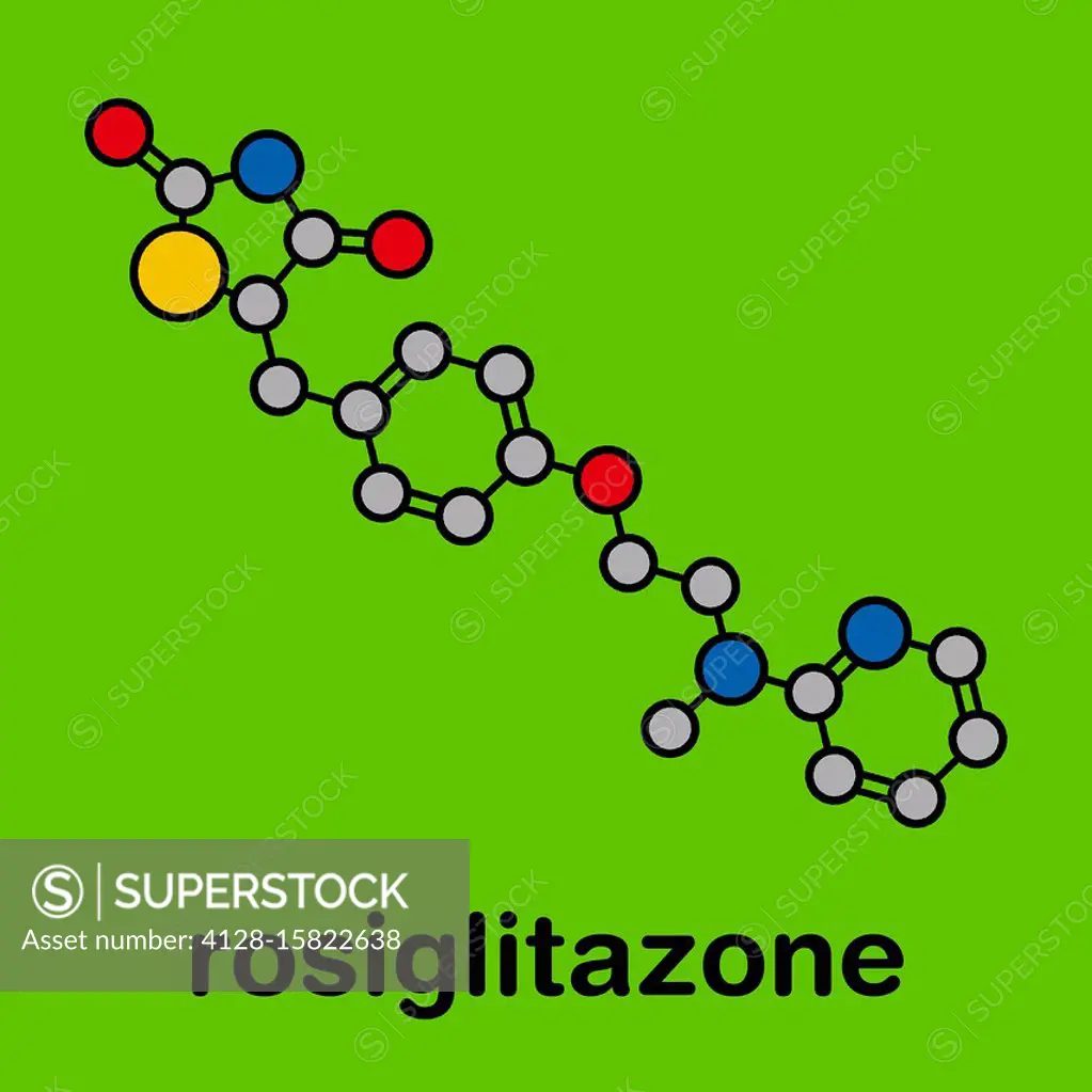 Rosiglitazone diabetes drug molecule. Stylized skeletal formula (chemical structure). Atoms are shown as color-coded circles with thick black outlines...