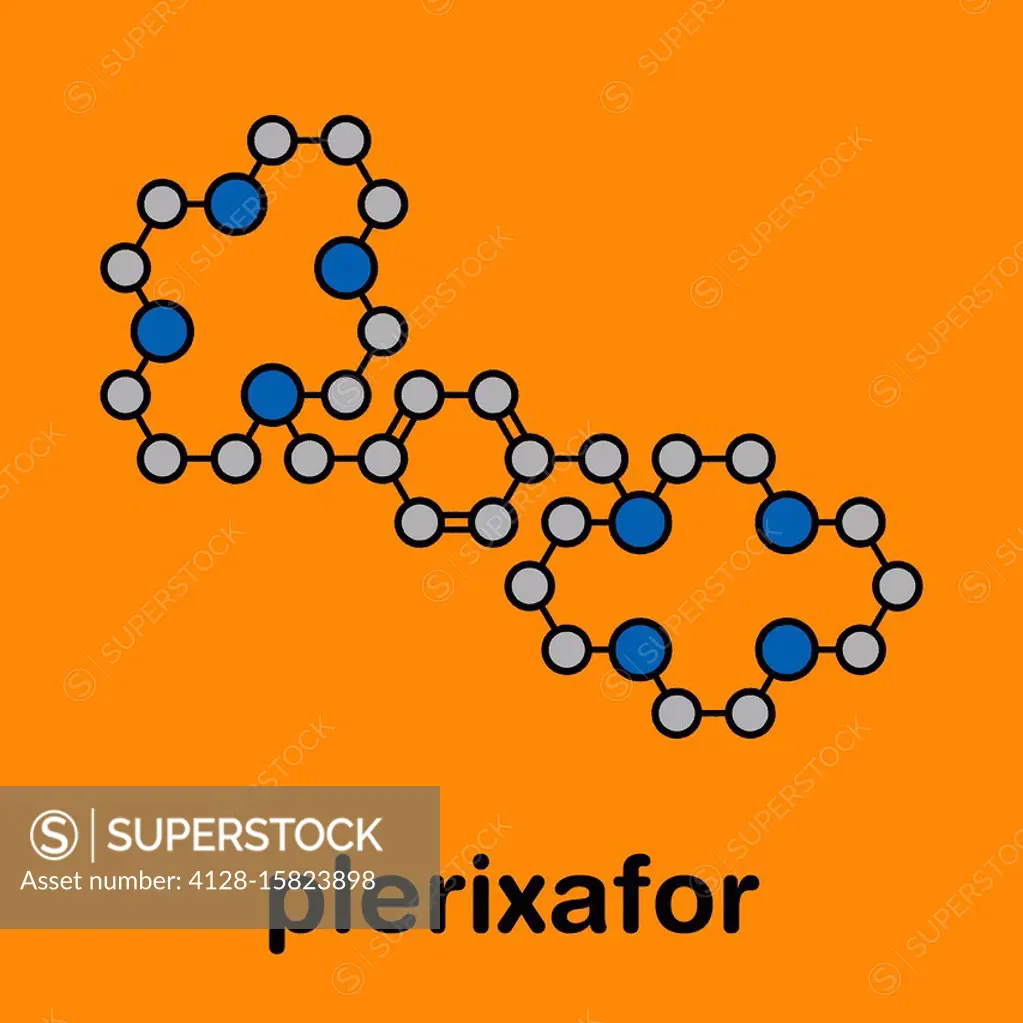 Plerixafor cancer drug molecule. Stylized skeletal formula (chemical structure). Atoms are shown as color-coded circles with thick black outlines and ...