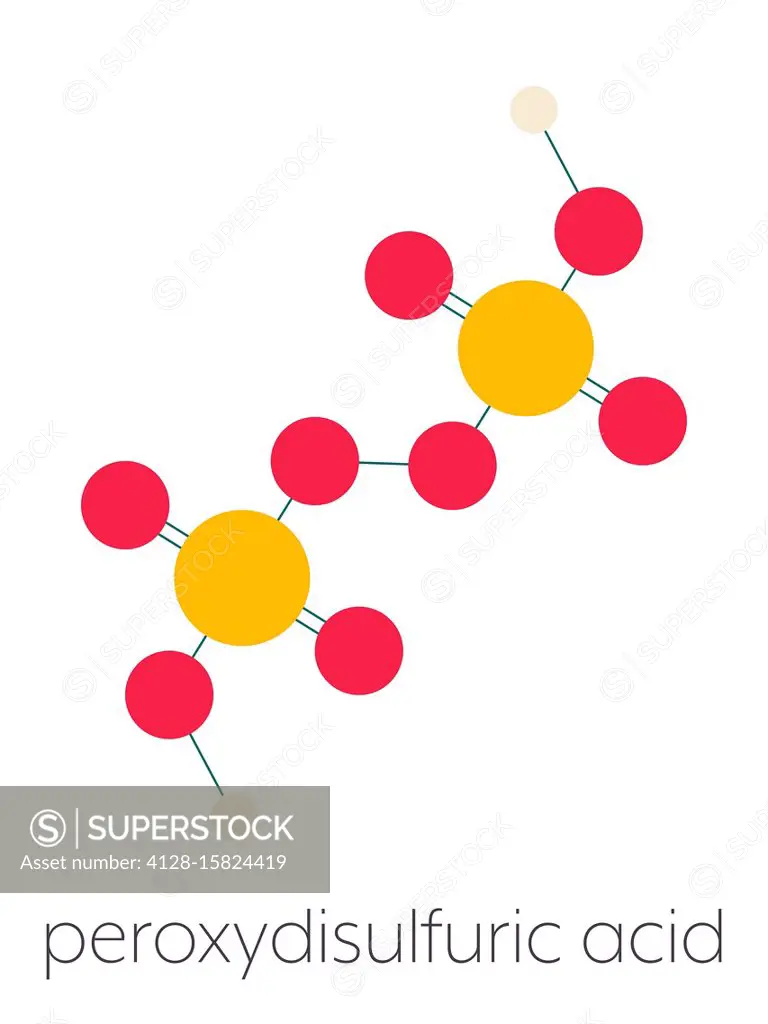 Peroxydisulfuric acid oxidizing agent molecule. Stylized skeletal formula (chemical structure): Atoms are shown as color-coded circles connected by th...