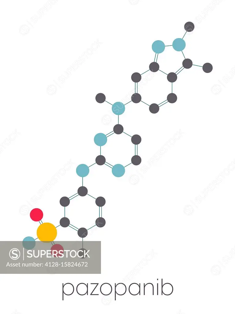 Pazopanib cancer drug molecule (tyrosine kinase inhibitor class). Stylized skeletal formula (chemical structure). Atoms are shown as color-coded circl...