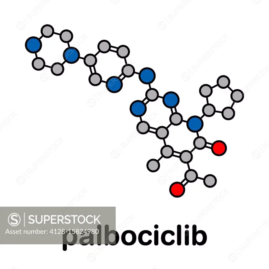 Palbociclib breast cancer drug molecule (CDK4 and CDK6 inhibitor). Stylized skeletal formula (chemical structure). Atoms are shown as color-coded circ...