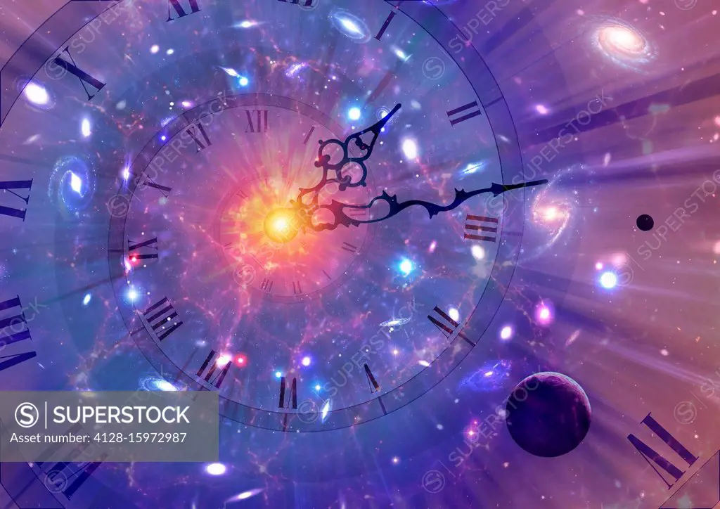 Time dilation. Conceptual artwork of time dilation in Einstein's relativity. According to special relativity, moving clocks runs slower than stationar...