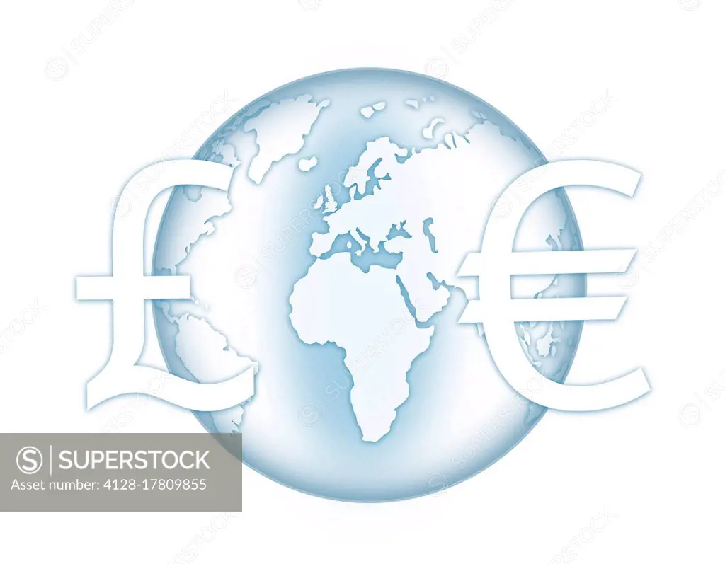 Earth with pound and euro currency symbols, illustration