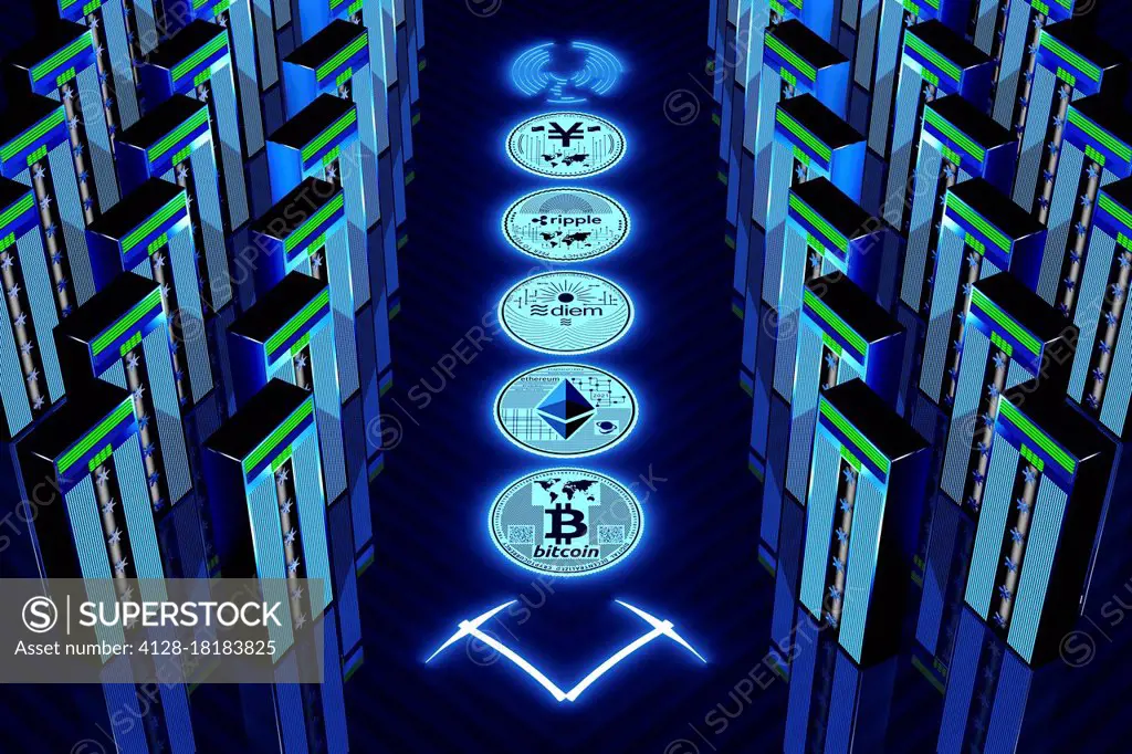 Cryptocurrency mining, conceptual illustration