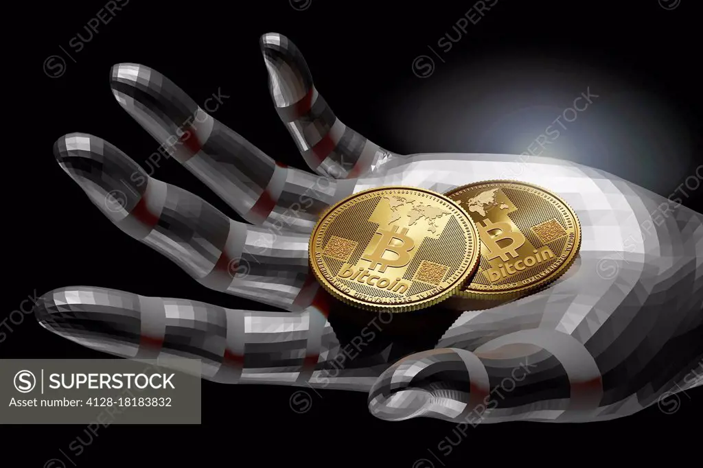 Hand holding bitcoins, illustration