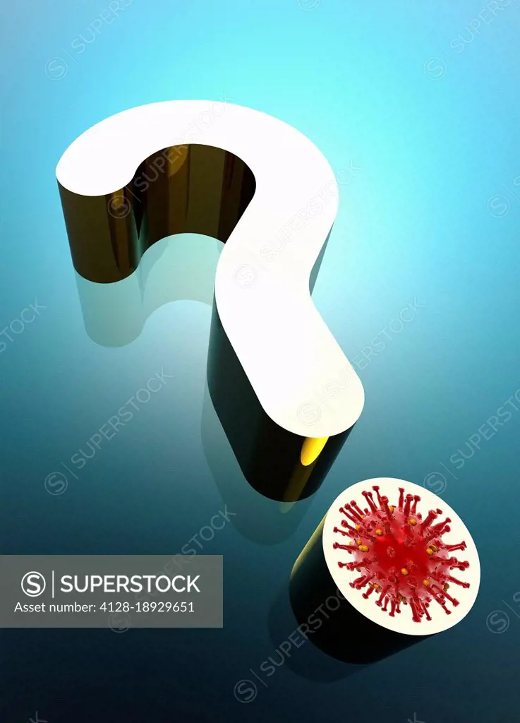 Coronavirus particle and question mark, illustration