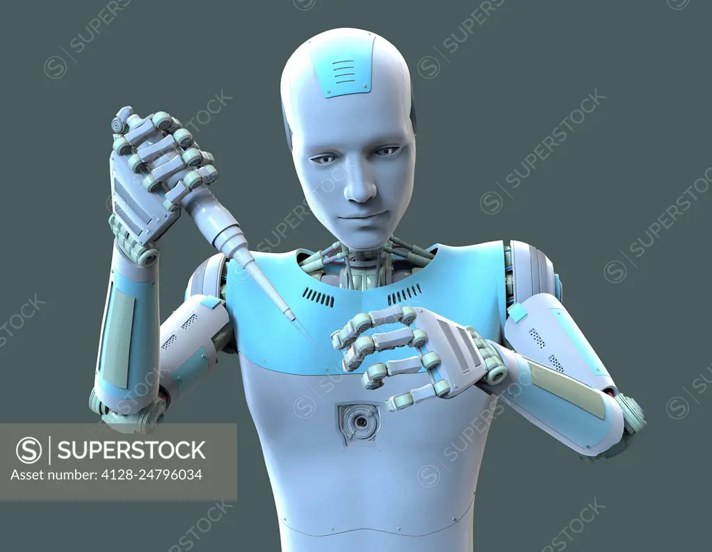 Humanoid robot working in laboratory, conceptual illustration