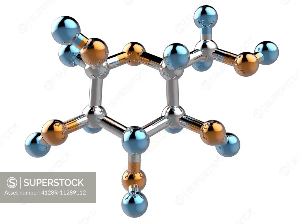 Glucose, molecular model. Atoms are represented as spheres and are colour-coded: carbon (grey), hydrogen (blue) and oxygen (orange).