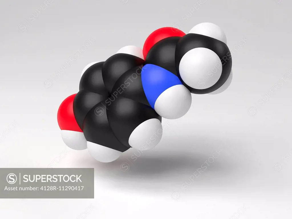 Paracetamol molecule. Computer artwork showing the structure of a molecule of the drug paracetamol. Paracetamol is taken as an analgesic (painkiller),...