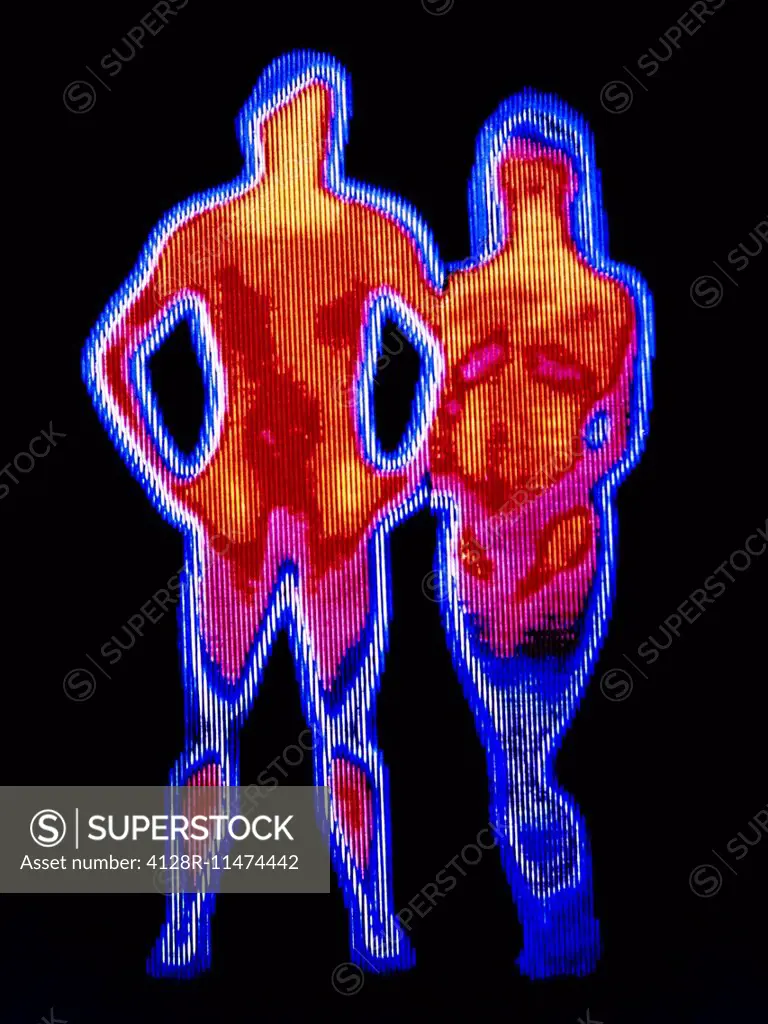 Couple. Thermogram of a naked man and woman. The colours show variation in  temperature. The scale runs from white (warmest) through red, yellow,  green... - SuperStock