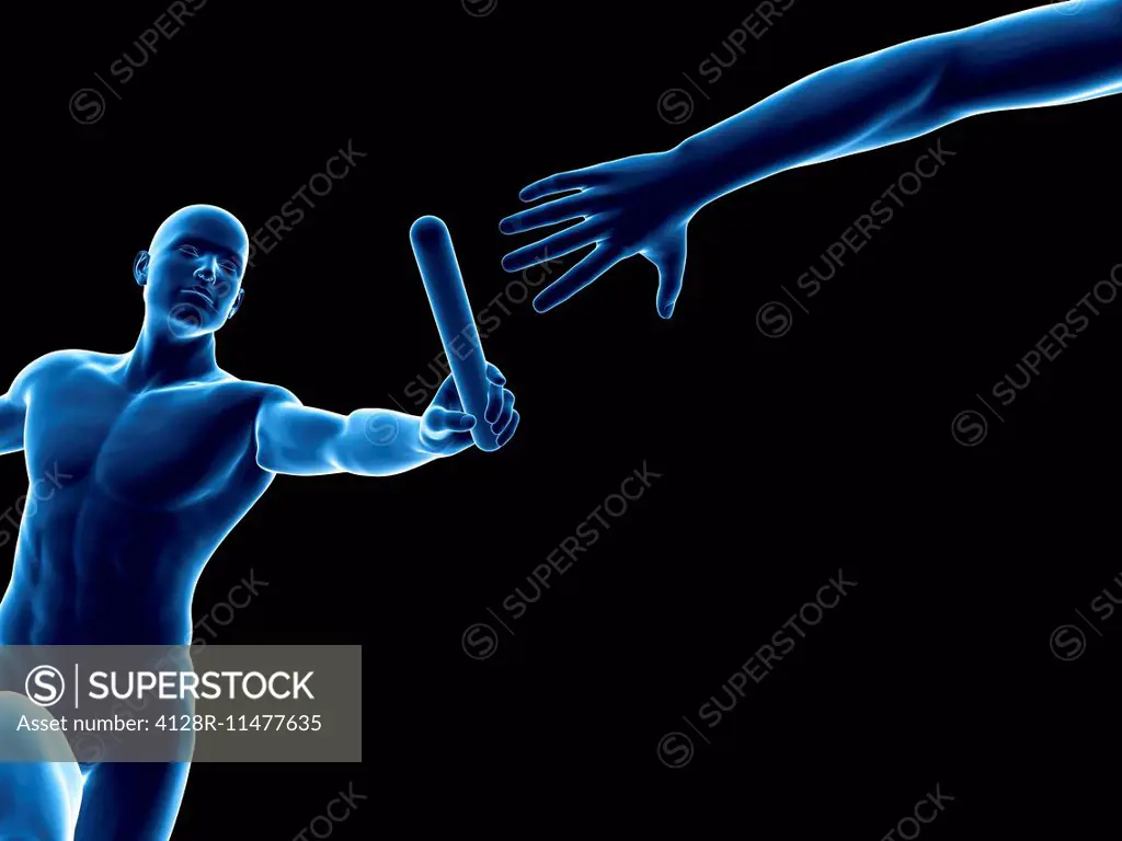 Person passing a relay baton, computer artwork.