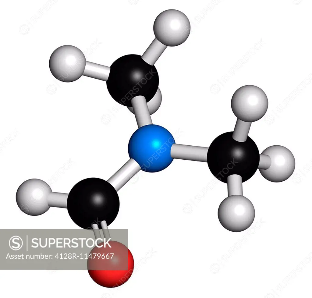 Dimethylformamide (DMF) chemical solvent molecule. Atoms are represented as spheres with conventional colour coding: hydrogen (white), carbon (grey), ...