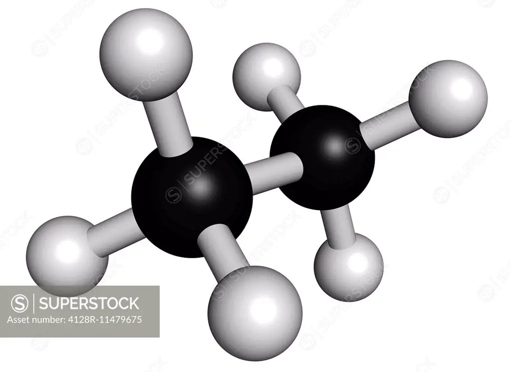 Ethane natural gas component molecule. Atoms are represented as spheres with conventional colour coding: hydrogen (white), carbon (grey).