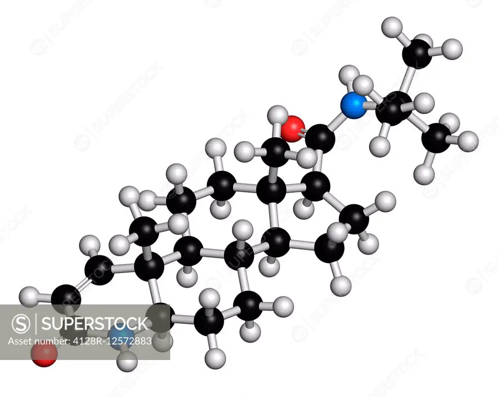 Finasteride male pattern baldness drug, chemical structure. Also used in benign prostatic hyperplasia (BPH, enlarged prostate) treatment. Atoms are re...