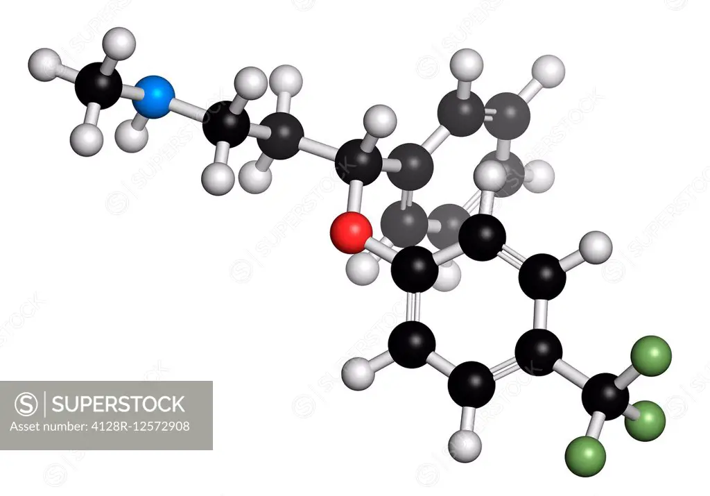 Fluoxetine antidepressant drug (SSRI class), chemical structure. Atoms are represented as spheres with conventional color coding: hydrogen (white), ca...