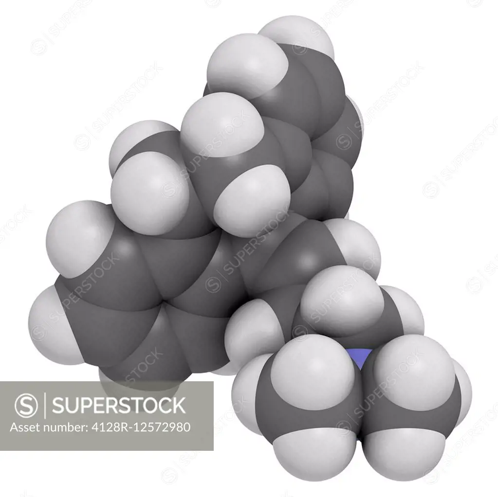 Amitryptiline tricyclic antidepressant drug molecule. Used in treatment of clinical depression. Atoms are represented as spheres with conventional col...