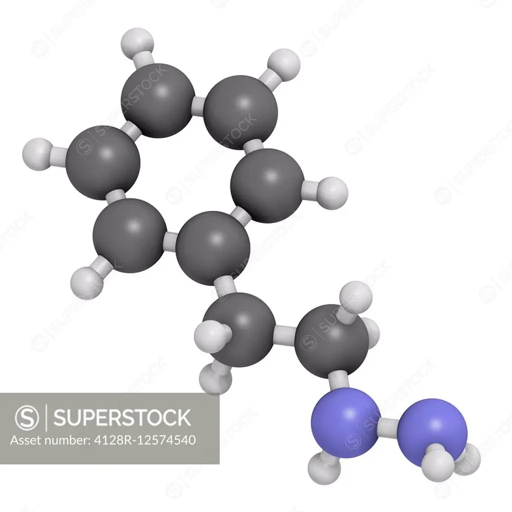 Phenelzine antidepressant molecule. Belongs to hydrazine class of antidepressants. Atoms are represented as spheres with conventional colour coding: h...