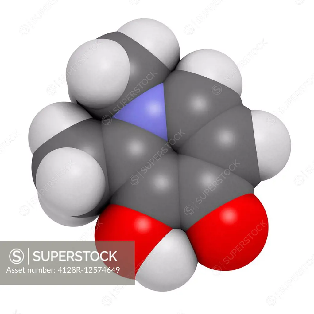 Deferiprone thalassaemia major drug molecule. Iron chelating agent. Atoms are represented as spheres with conventional colour coding: hydrogen (white)...