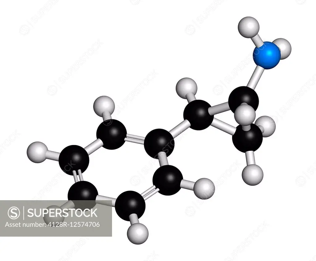 Tranylcypromine antidepressant and anxiolytic drug molecule. Irreversible inhibitor of the enzyme monoamine oxidase (MAO). Atoms are represented as sp...