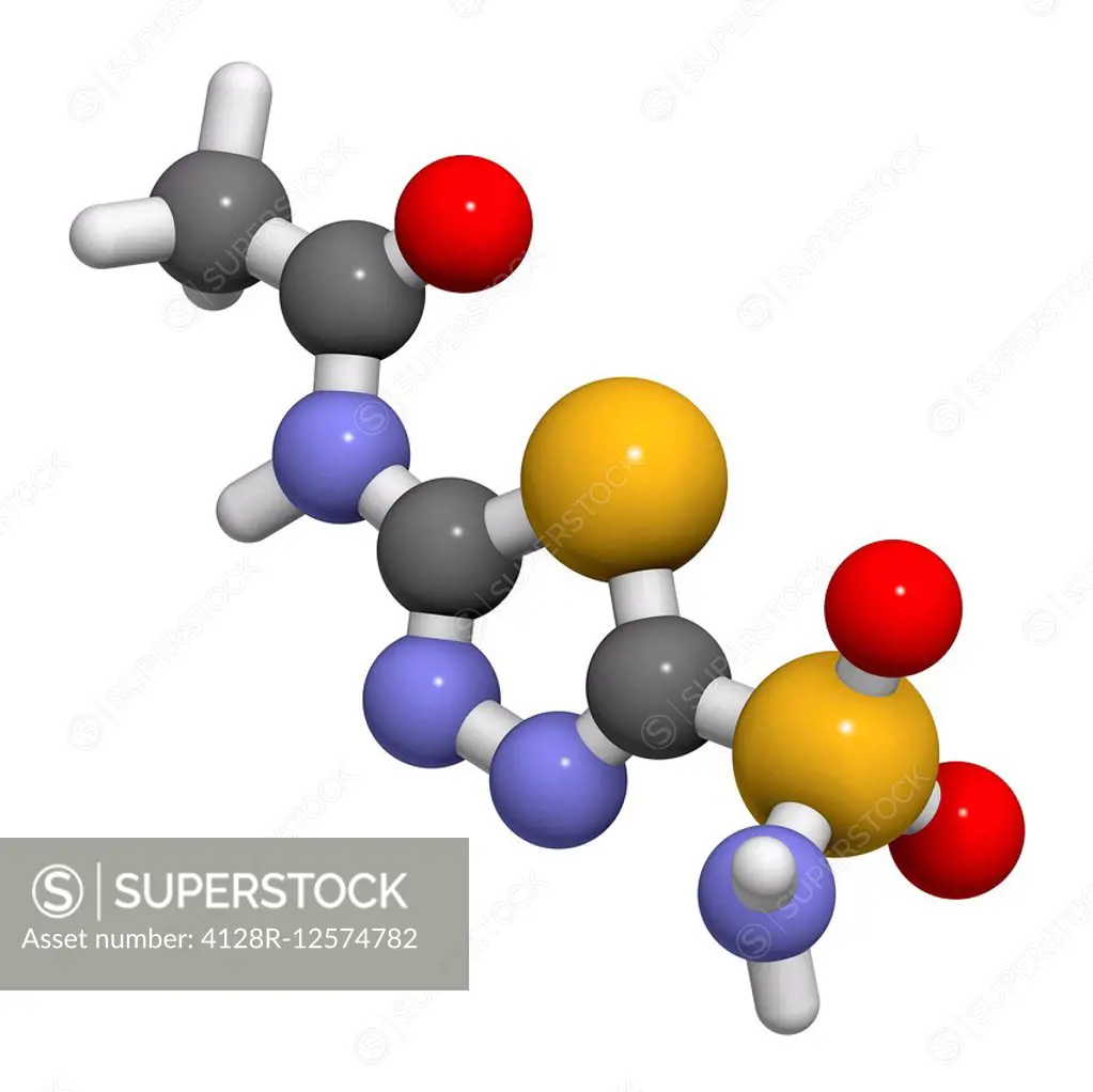 Acetazolamide diuretic drug molecule (carbonic anhydrase inhibitor). Atoms are represented as spheres with conventional colour coding: hydrogen (white...