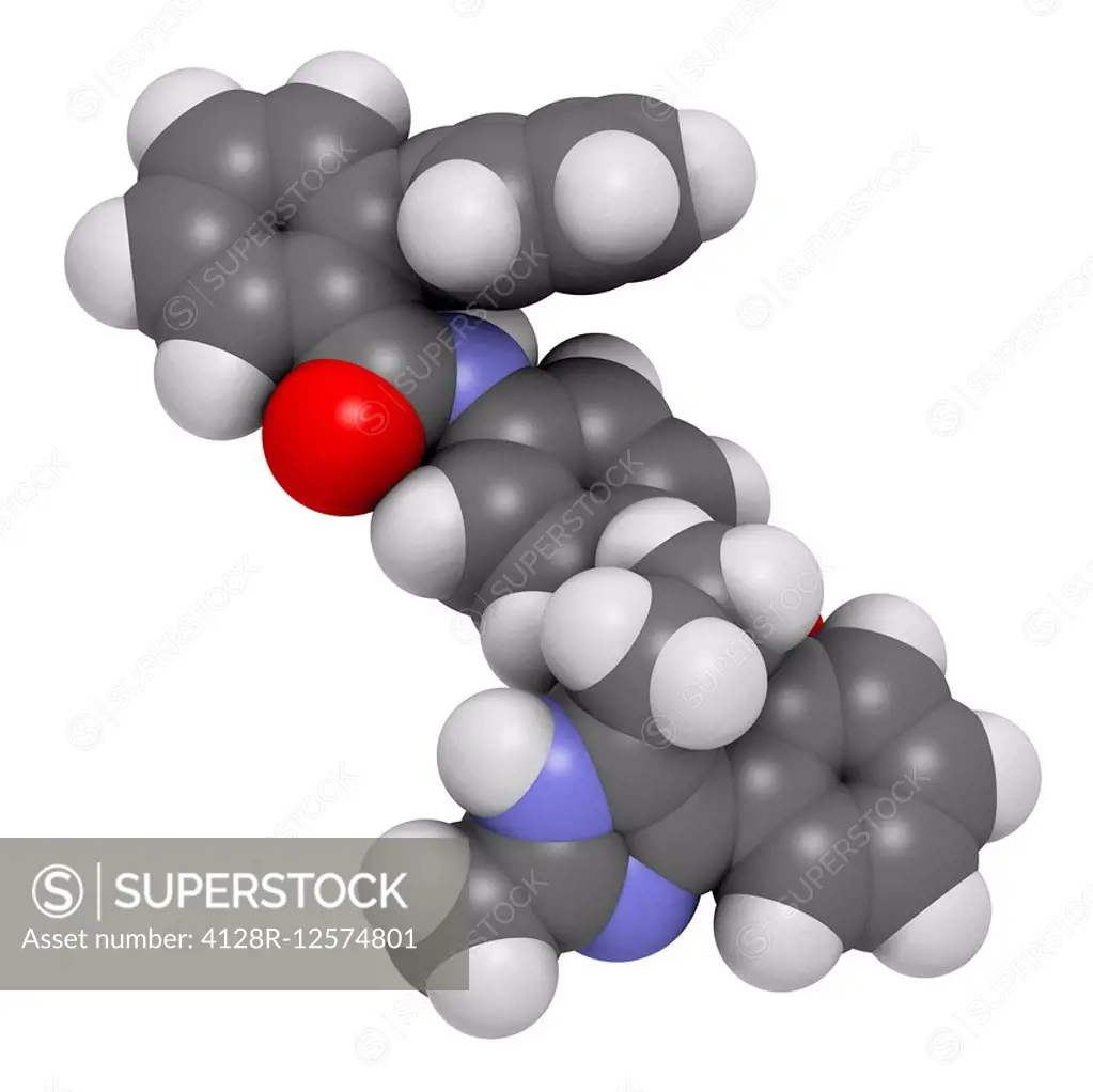 Conivaptan hyponatremia drug molecule. Inhibitor of vasopressin receptors V1a and V2 Atoms are represented as spheres with conventional colour coding:...