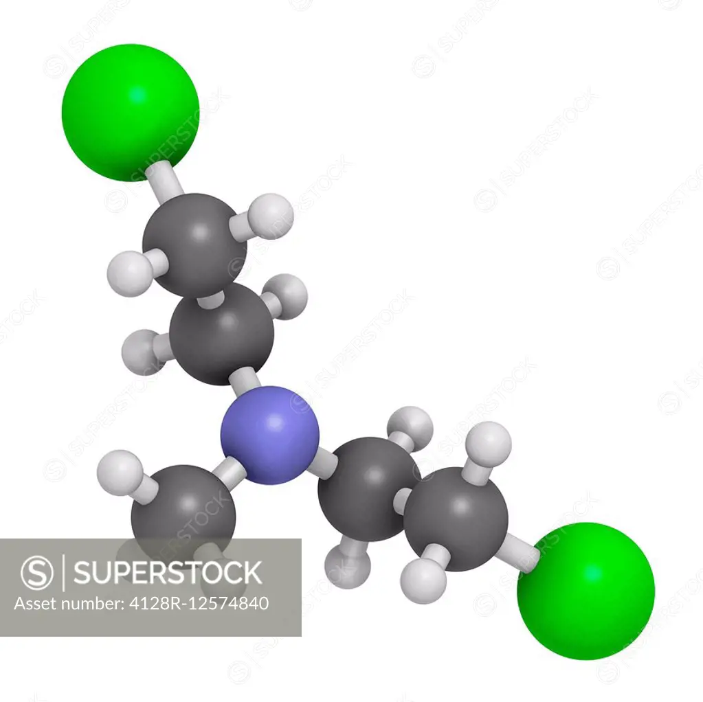 Chlormethine (mechlorethamine, mustine, HN2) cancer chemotherapy drug molecule. Nitrogen mustard compound also used a blister agent (chemical weapon)....