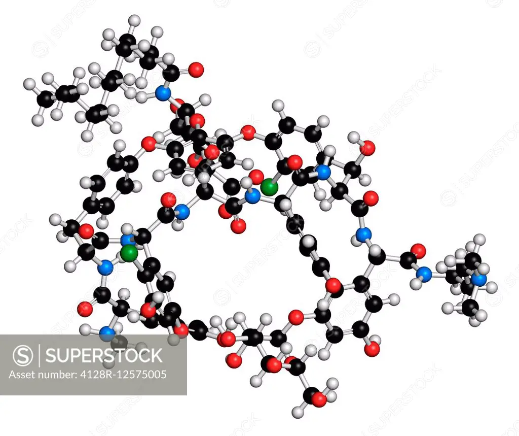 Dalbavancin glycopeptide antibiotic drug molecule. Used in treatment Staphylococcus aureus and Streptococcus pyogenes infections. Atoms are represente...