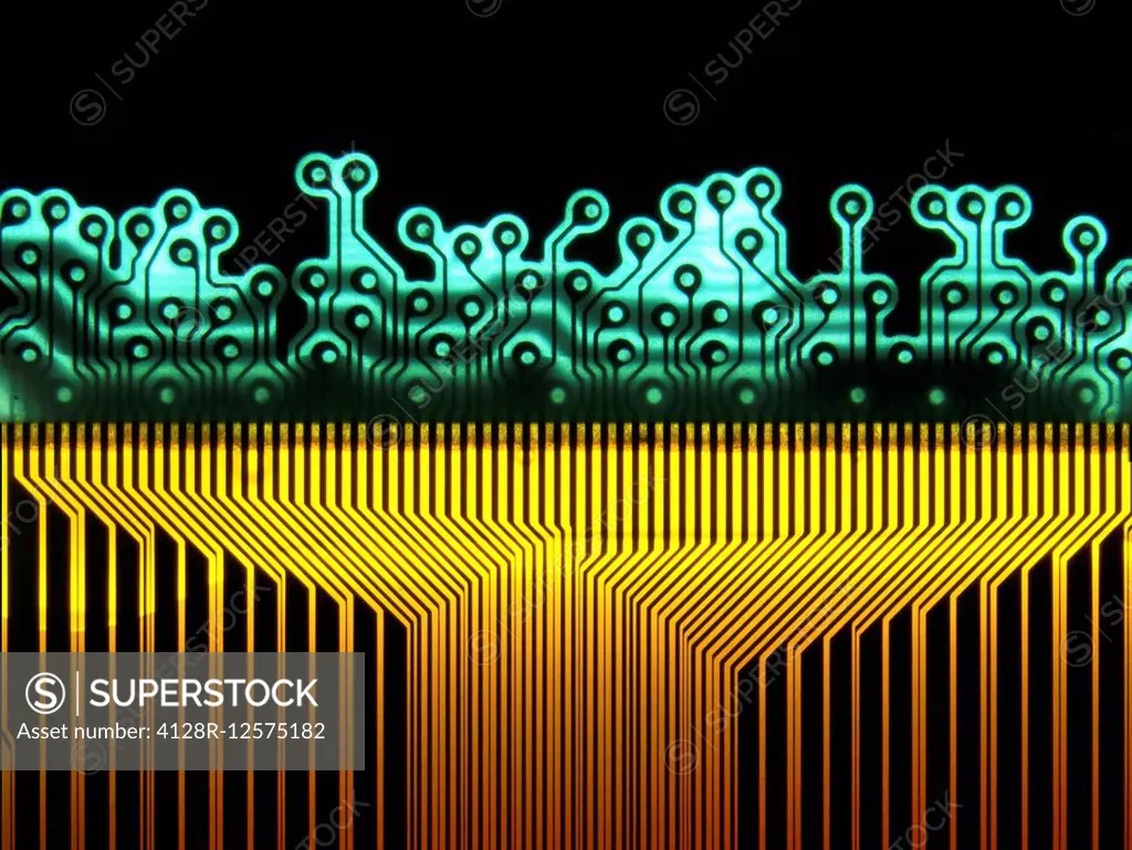 Macrophotograph showing the complex conductive pathways of a printed circuit connecting an inkjet printer head with other electronic components. A PCB...