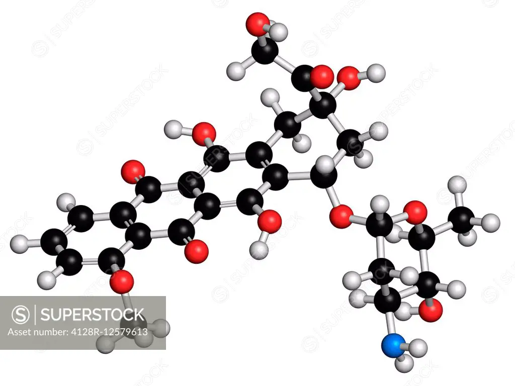 Epirubicin cancer chemotherapy drug, chemical structure. Atoms are represented as spheres with conventional color coding: hydrogen (white), carbon (bl...