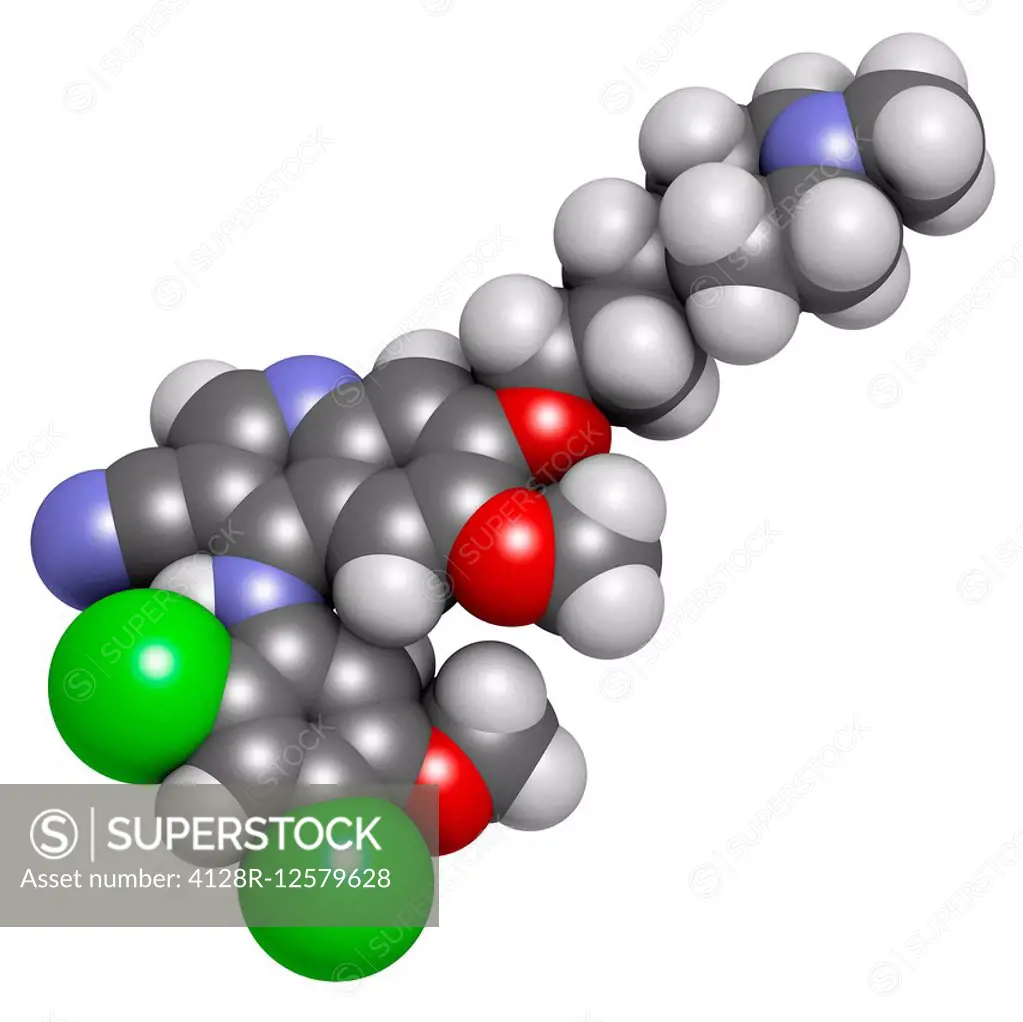 Bosutinib chronic myelogenous leukemia (CML) drug molecule. Tyrosine kinase inhibitor targeting Bcr-Abl and SRc family kinase. Atoms are represented a...