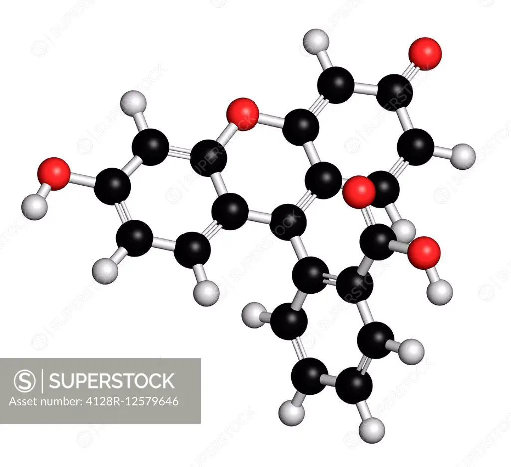 Fluorescein fluorescent molecule. Atoms are represented as spheres with conventional color coding: hydrogen (white), carbon (black), oxygen (red).