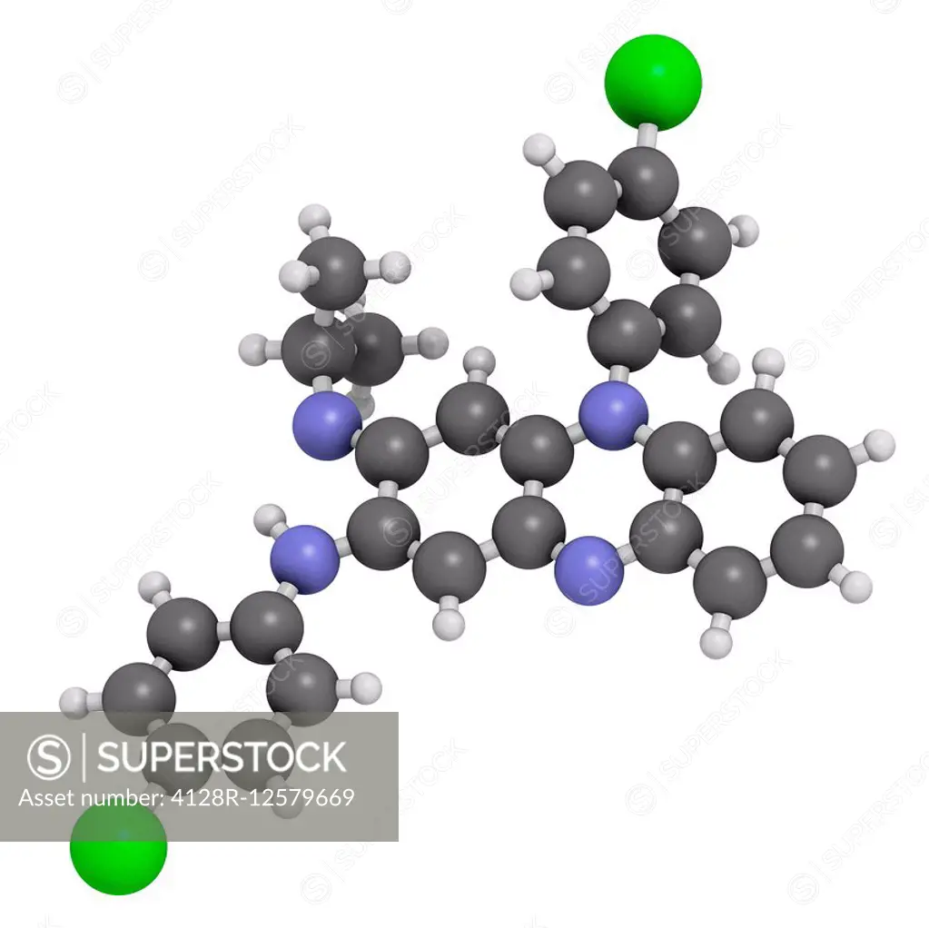 Clofazimine leprosy drug molecule. Atoms are represented as spheres with conventional color coding: hydrogen (white), carbon (grey), nitrogen (blue), ...