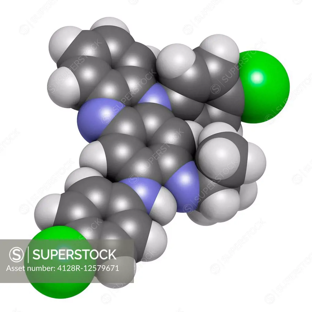 Clofazimine leprosy drug molecule. Atoms are represented as spheres with conventional color coding: hydrogen (white), carbon (grey), nitrogen (blue), ...