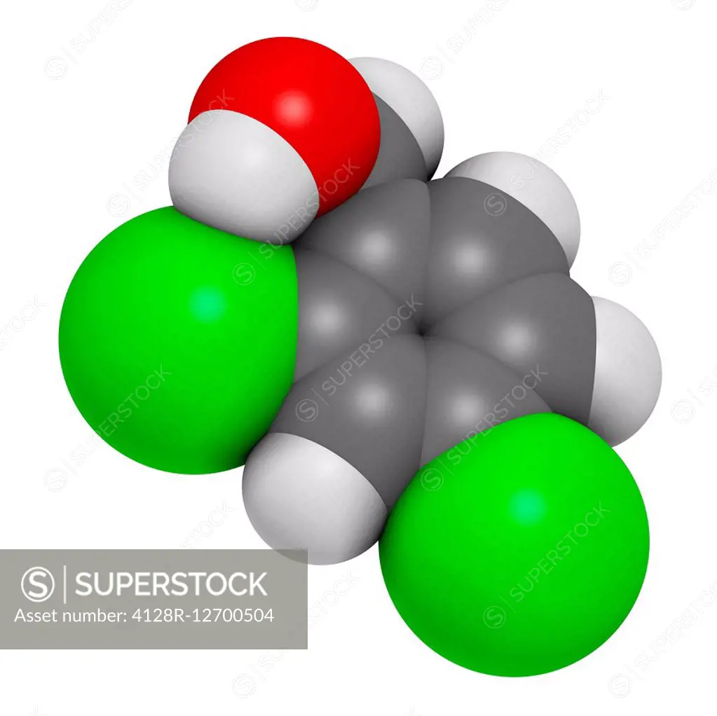 2,4-dichlorobenzyl alcohol antiseptic drug molecule. Used in lozenges to treat sore throat. Atoms are represented as spheres with conventional colour ...