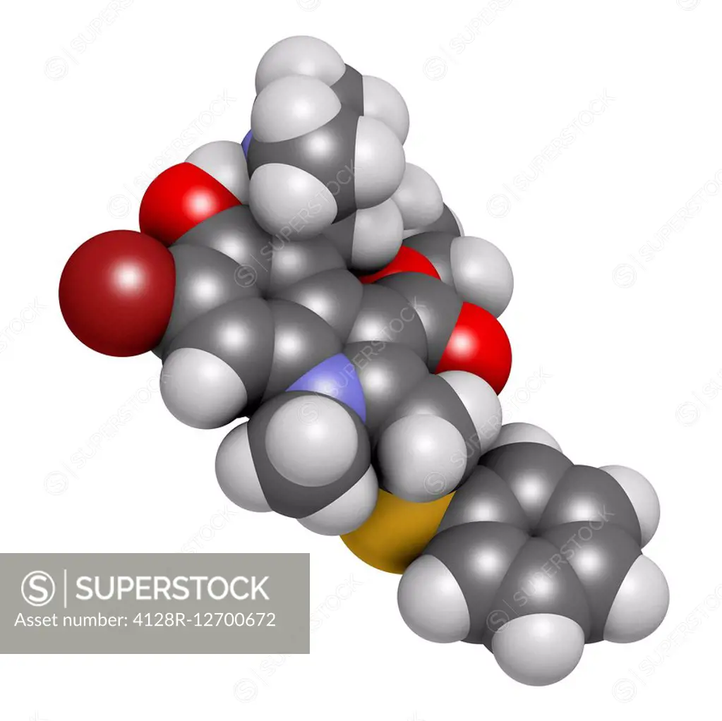 Arbidol influenza drug molecule. Atoms are represented as spheres with conventional colour coding: hydrogen (white), carbon (grey), oxygen (red), nitr...