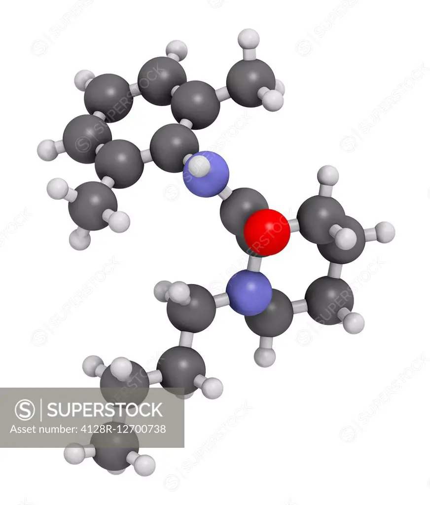 Bupivacaine epidural anesthetic drug molecule (local anesthetic). Atoms are represented as spheres with conventional colour coding: hydrogen (white), ...