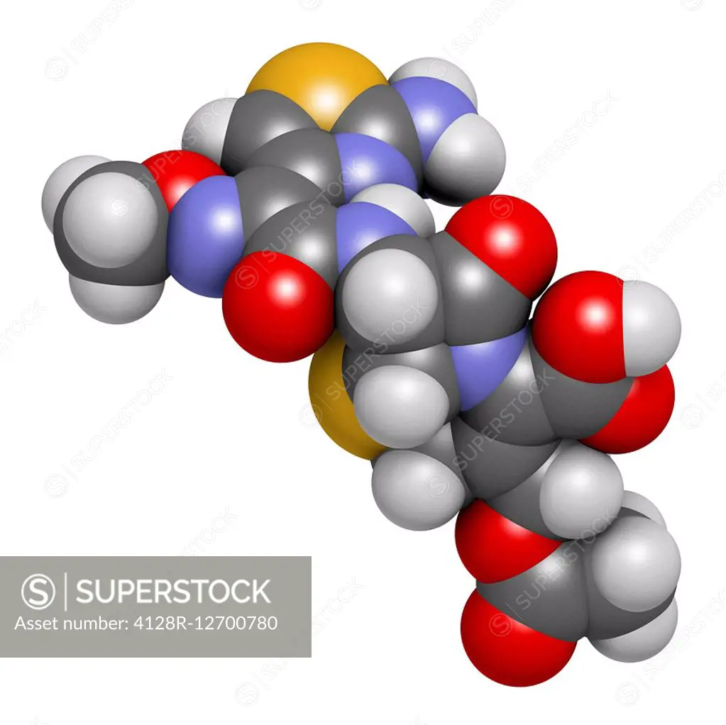 Cefotaxime antibiotic drug molecule (cephalosporin, third generation). Atoms are represented as spheres with conventional colour coding: hydrogen (whi...