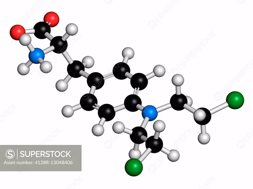 Melphalan cancer chemotherapy drug molecule. Atoms are represented as spheres and are colour coded: hydrogen (white), carbon (black), nitrogen (blue),...