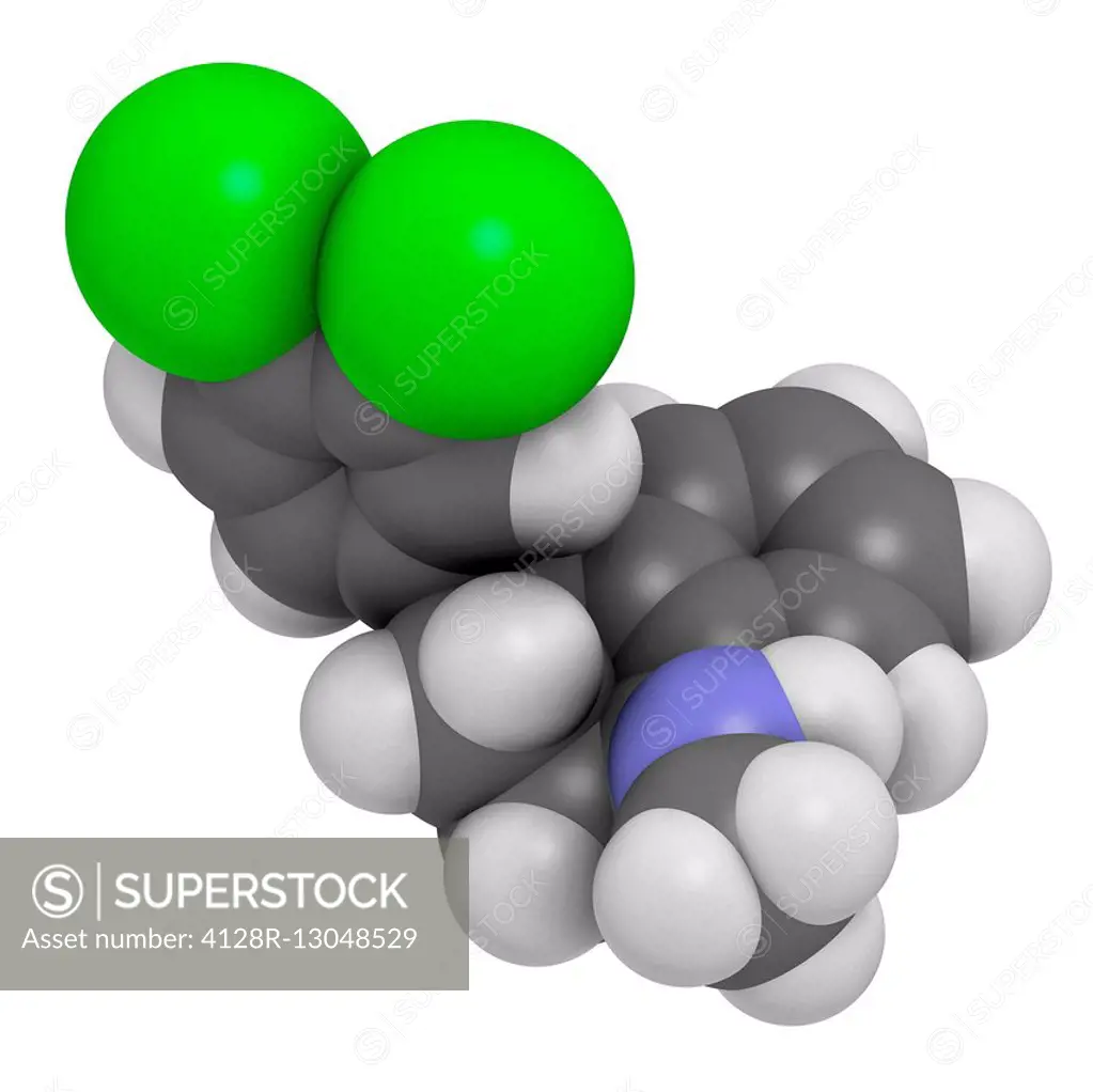 Sertraline antidepressant drug molecule. Atoms are represented as spheres and are colour coded: hydrogen (white), carbon (grey), nitrogen (blue), chlo...