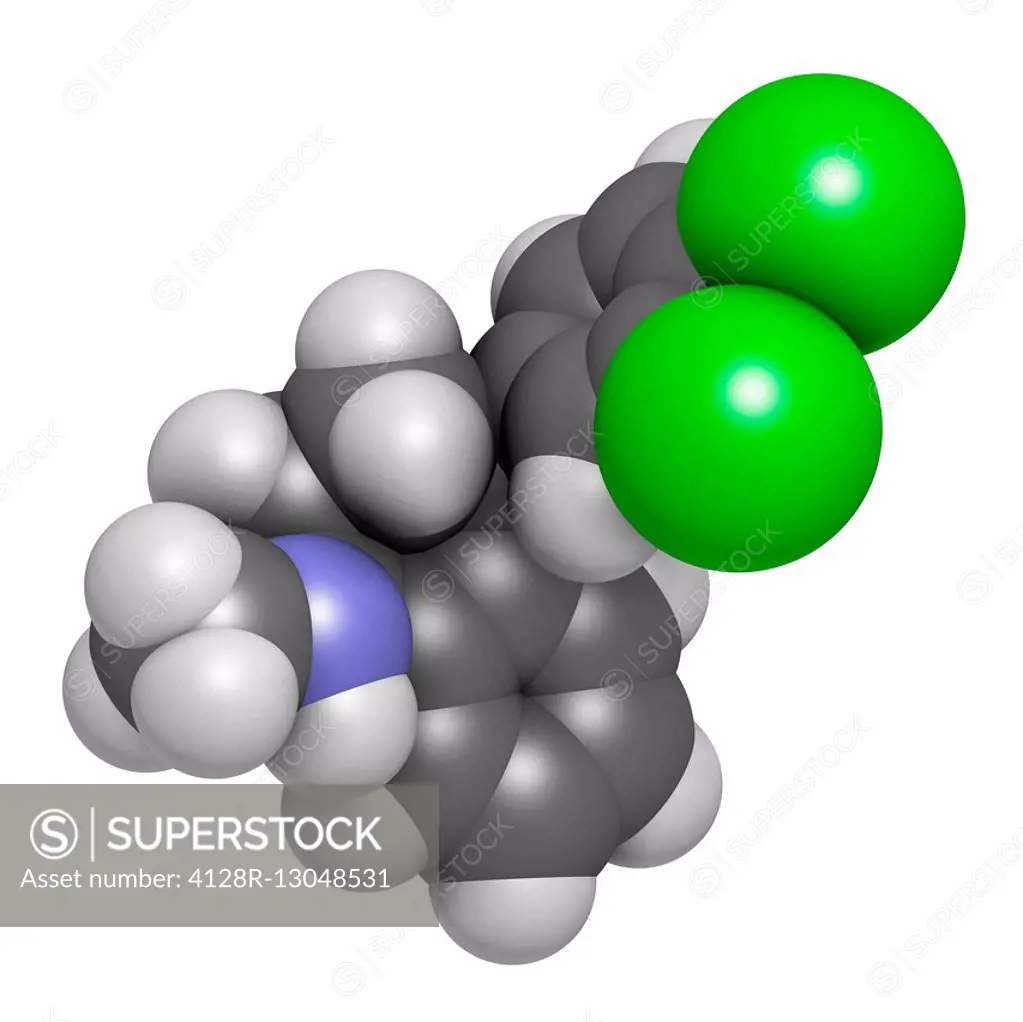 Sertraline antidepressant drug molecule. Atoms are represented as spheres and are colour coded: hydrogen (white), carbon (grey), nitrogen (blue), chlo...