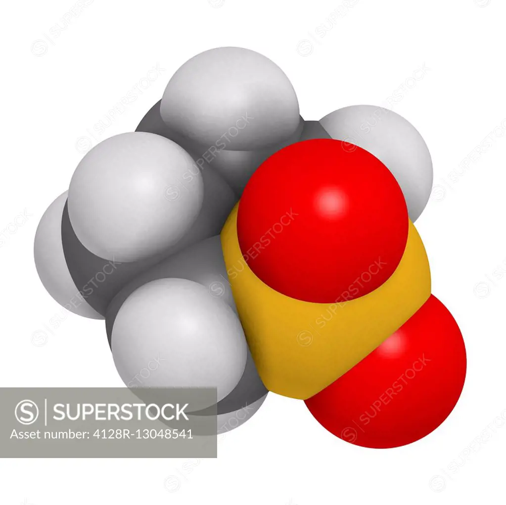 Sulfolane industrial solvent molecule. Atoms are represented as spheres and are colour coded: hydrogen (white), carbon (grey), oxygen (red), sulphur (...