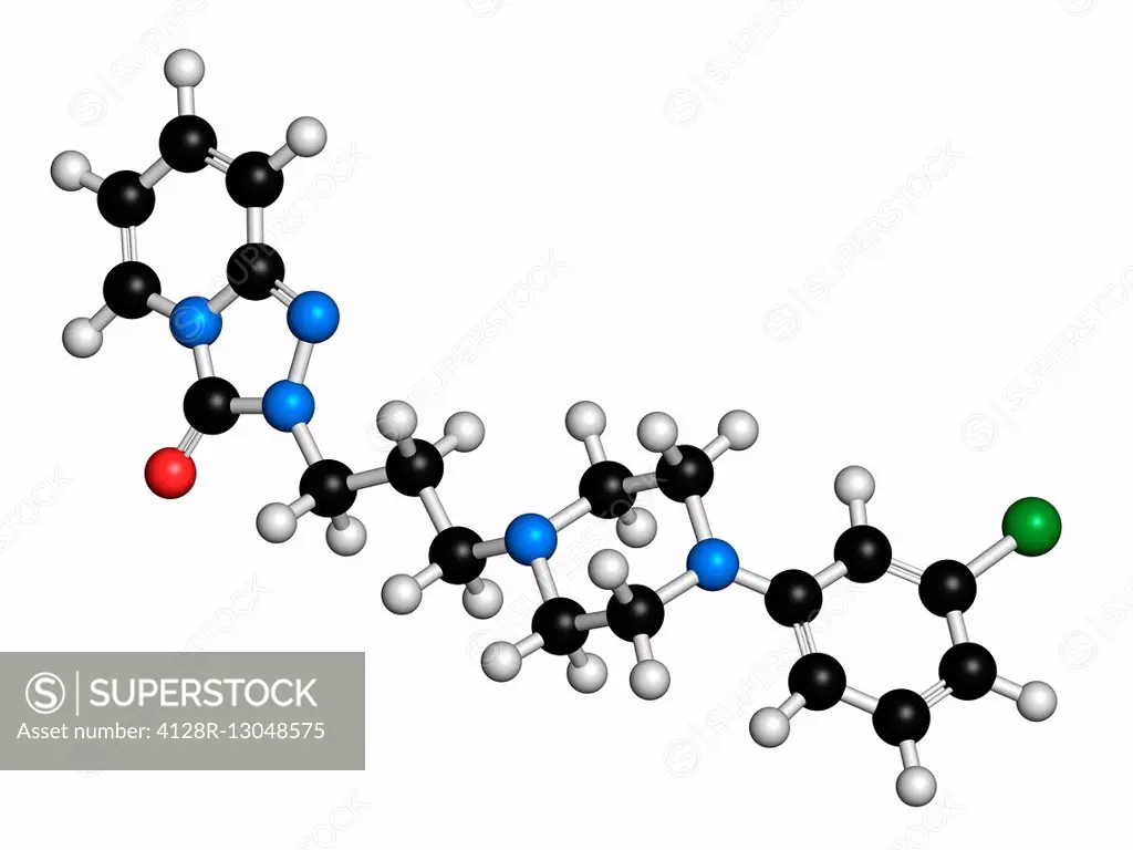 Trazodone antidepressant, hypnotic and anxiolytic drug molecule. Atoms are represented as spheres and are colour coded: hydrogen (white), carbon (blac...