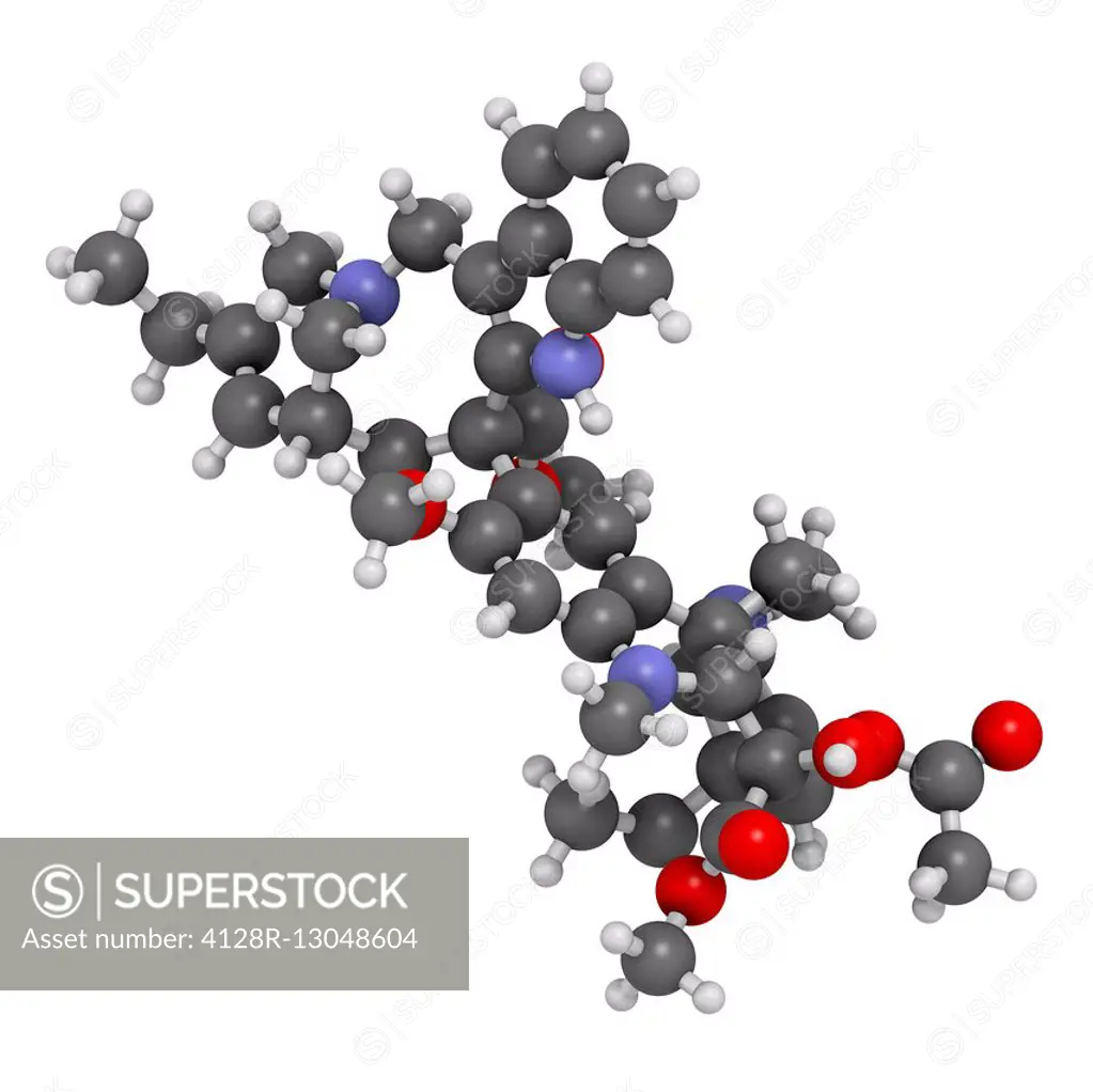 Vinorelbine (NVB) cancer chemotherapy drug molecule. Atoms are represented as spheres and are colour coded: hydrogen (white), carbon (grey), oxygen (r...