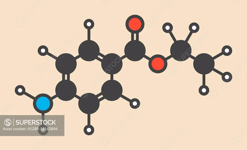 Benzocaine local anesthetic drug molecule. Stylized skeletal formula (chemical structure). Atoms are shown as color-coded circles: hydrogen (white), c...