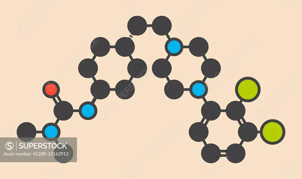 Cariprazine antipsychotic drug molecule. Stylized skeletal formula (chemical structure). Atoms are shown as color-coded circles: hydrogen (hidden), ca...